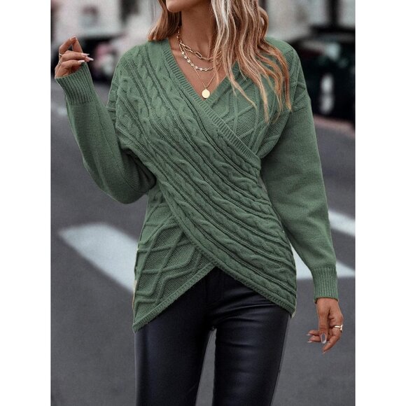 Womens Knit Sweater V Neck Long Sleeve Cross Wrap Casual Fall Winter Top - Picture 3 of 6